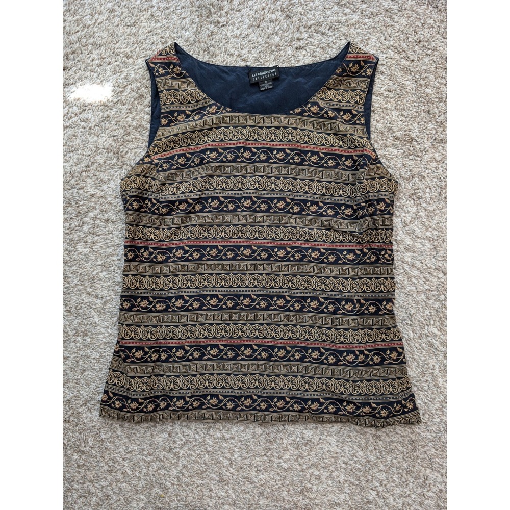 Liz Claiborne Tank Top Women 8 Navy Gold Silk Greek Key Floral Vintage 90s